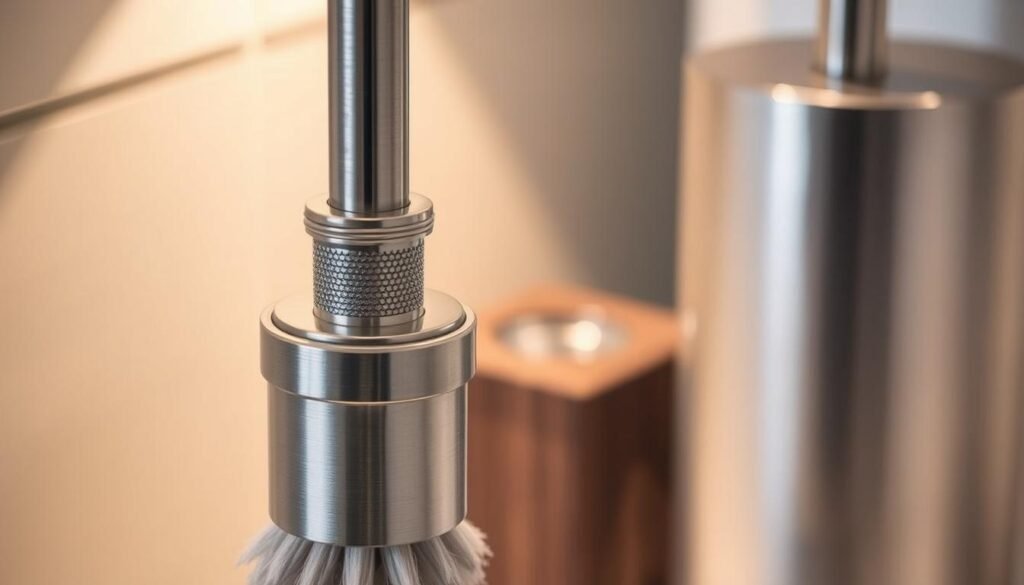 Premium, high-quality materials for a luxury toilet brush and holder set. Detailed shot of the foreground, showcasing the smooth, gleaming chrome or brushed stainless steel finish of the toilet brush handle, the heavy-duty construction, and the intricate knurling or textured grip pattern. In the middle ground, a complementary holder made of sleek, dark-toned wood or stone, with a minimalist, modern design. Soft, warm lighting from above illuminates the premium materials and casts gentle shadows, creating a sense of quality and sophistication. The overall scene conveys a feeling of elegance and attention to detail befitting a high-end bathroom accessory.