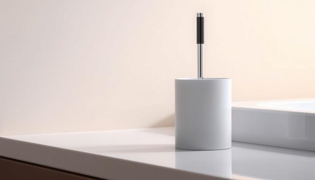 a meticulously detailed and realistic image of a high-quality toilet brush and holder set, positioned on a clean, polished countertop with a subtle warm lighting creating a soft, inviting ambiance. The brush should have a sturdy, durable handle and soft bristles, while the holder is a sleek, minimalist 